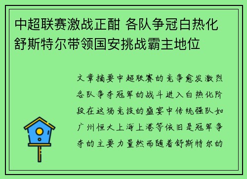 中超联赛激战正酣 各队争冠白热化 舒斯特尔带领国安挑战霸主地位